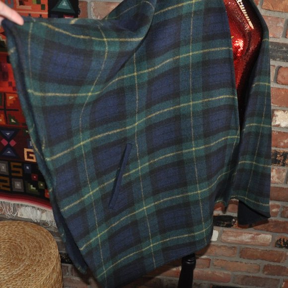 New Cartonnier Anthropologie GREEN & BLUE Plaid BLANKET CAPE Poncho Jacket Coat - Picture 4 of 5